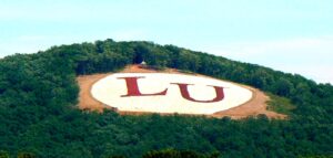 The Liberty University Initials on Candler Mountain as viewed on Campus